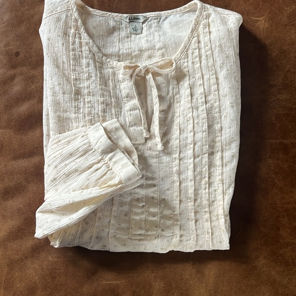 LL Bean Cream Floral Peasant Pleated Bib Tie Collar Blouse Long sleeve Cotton L - Picture 13 of 13